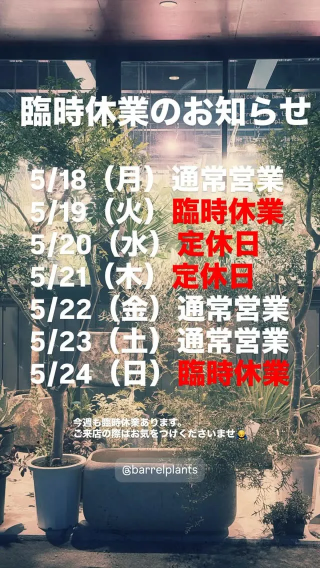 【barrelplantsの今週の営業日のお知らせ】